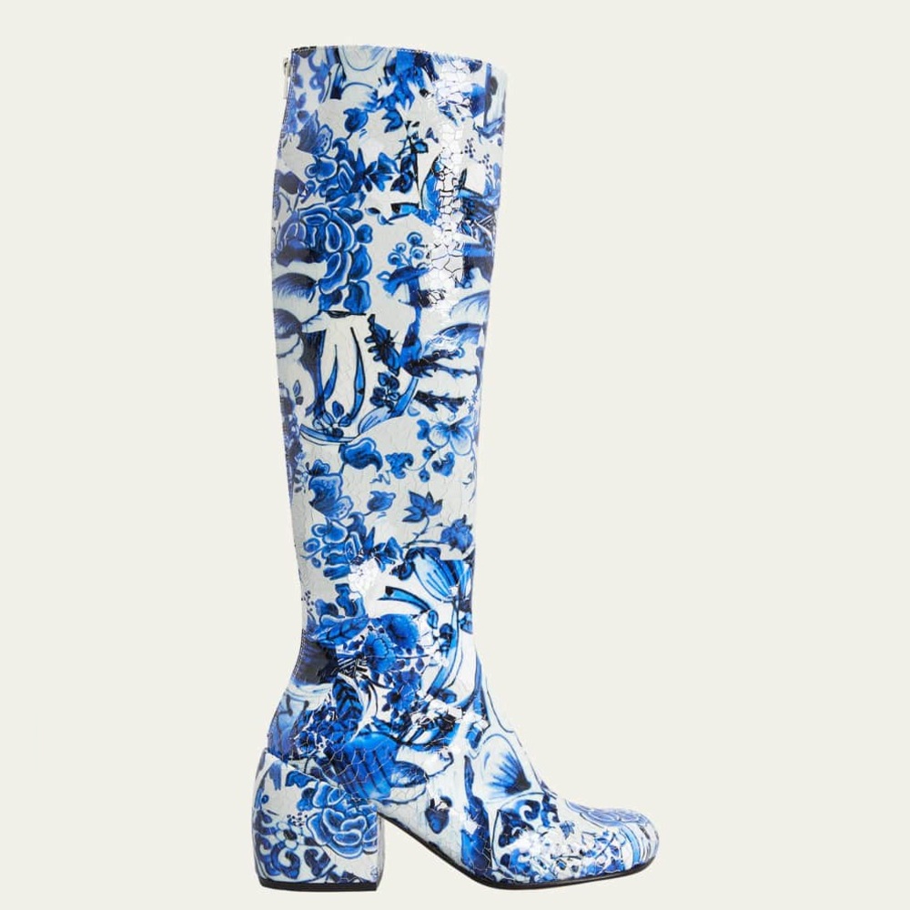 DRIES VAN NOTEN Blue White Fine China Unisex Patent Leather Boots 42